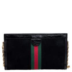 Pre Owned Gucci Black Suede and Patent Leather Medium Ophidia Chain Shoulder Bag