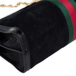 Pre Owned Gucci Black Suede and Patent Leather Medium Ophidia Chain Shoulder Bag