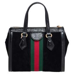 Pre Owned Gucci Black Suede and Patent Leather Small Ophidia Tote
