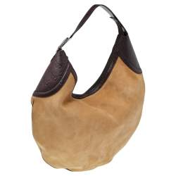 Pre Owned حقيبة هوبو غوتشي إبزيم جلد غوتشيسما وسويدي بني/ بيج