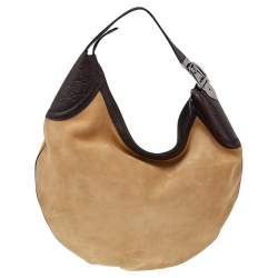 Pre Owned حقيبة هوبو غوتشي إبزيم جلد غوتشيسما وسويدي بني/ بيج