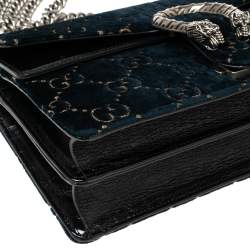 مملوكة مسبقًا حقيبة كتف غوتشي ديونيسوس جلد لامع وقطيفة جي جي سوبريم أسود/ أزرق صغيرة