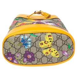 Pre Owned Gucci Yellow Flora GG Supreme and Leather Small Ophidia Bucket Bag