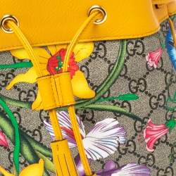 Pre Owned Gucci Yellow Flora GG Supreme and Leather Small Ophidia Bucket Bag