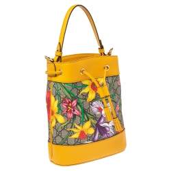 Pre Owned Gucci Yellow Flora GG Supreme and Leather Small Ophidia Bucket Bag