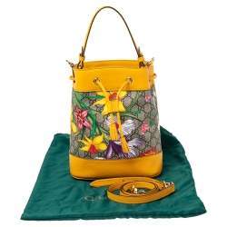 Pre Owned Gucci Yellow Flora GG Supreme and Leather Small Ophidia Bucket Bag