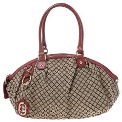 Pre Owned Gucci Beige/Red Diamante Canvas And Leather Sukey Satchel