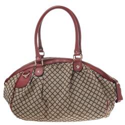 Pre Owned Gucci Beige/Red Diamante Canvas And Leather Sukey Satchel