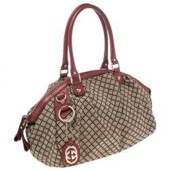 Pre Owned Gucci Beige/Red Diamante Canvas And Leather Sukey Satchel