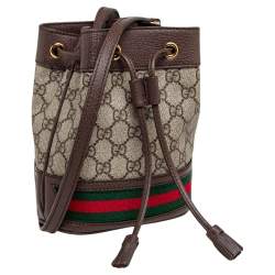 Pre Owned Gucci Beige/Ebony GG Supreme Coated Canvas and Leather Mini Ophidia Bucket Bag 
