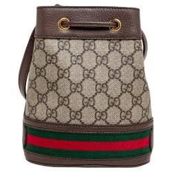 Pre Owned Gucci Beige/Ebony GG Supreme Coated Canvas and Leather Mini Ophidia Bucket Bag 