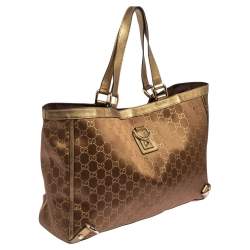 مملوكة مسبقًا Gucci Brown/Metallic Gold GG Satin And Canvas Medium Abbey Tote