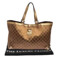 مملوكة مسبقًا Gucci Brown/Metallic Gold GG Satin And Canvas Medium Abbey Tote