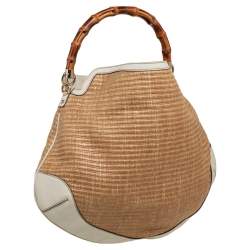 Pre Owned حقيبة هوبو غوتشي بيغي بامبو جلد ورافية بيج/كريمي