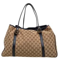 Pre Owned Gucci Black/Beige GG Canvas and Leather GG Twin Tote