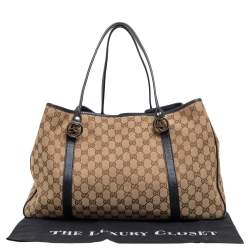 Pre Owned Gucci Black/Beige GG Canvas and Leather GG Twin Tote