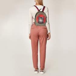 Pre Owned Gucci Red/Beige GG Supreme and Leather Bosco Backpack