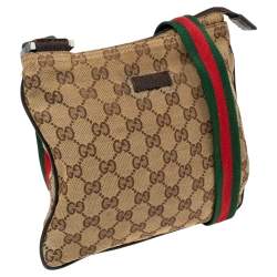 Pre Owned Gucci Beige/Brown GG Canvas And Leather Small Flat Web Messenger Bag
