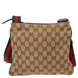 Pre Owned Gucci Beige/Brown GG Canvas And Leather Small Flat Web Messenger Bag