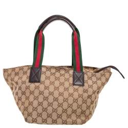 مملوكة مسبقًا حقيبة يد توتس غوتشي جلد وكانفاس GG بيج / بني صغيرة بنمط ويب