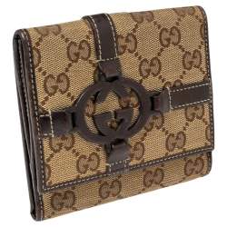 Pre Owned محفظة فرينش غوتشي جلد وكانفاس جي جي بيج/بني مزينة جي جي متداخل 