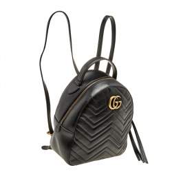 Pre Owned Gucci Black Chevron Quilted Leather GG Marmont Backpack