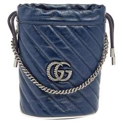 Pre Owned Gucci Blue/White Quilted Leather GG Marmont Bucket Bag