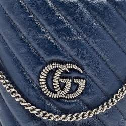 Pre Owned Gucci Blue/White Quilted Leather GG Marmont Bucket Bag