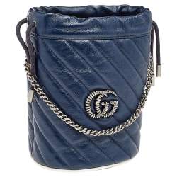 Pre Owned Gucci Blue/White Quilted Leather GG Marmont Bucket Bag