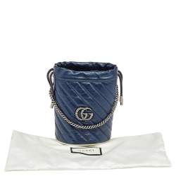 Pre Owned Gucci Blue/White Quilted Leather GG Marmont Bucket Bag