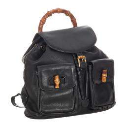 Pre Owned Gucci Black Leather Bamboo Backpack