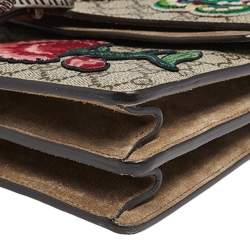 Pre Owned Gucci Beige/Ebony GG Supreme Canvas and Suede Medium Embroidered Butterfly/Flowers Dionysus Shoulder Bag