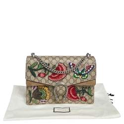Pre Owned Gucci Beige/Ebony GG Supreme Canvas and Suede Medium Embroidered Butterfly/Flowers Dionysus Shoulder Bag