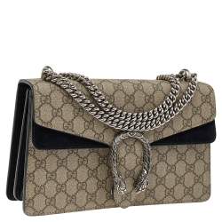 Pre Owned Gucci Black/Beige GG Supreme Canvas and Suede Small Dionysus Shoulder Bag