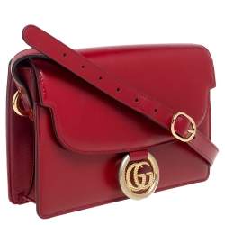 Pre Owned Gucci Red Leather Flap GG Ring Shoulder Bag