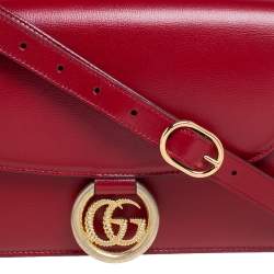 Pre Owned Gucci Red Leather Flap GG Ring Shoulder Bag