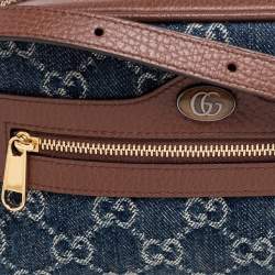 Pre Owned Gucci Blue/Tan GG Denim and Leather Mini Ophidia Crossbody Bag   