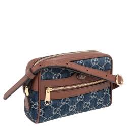 Pre Owned Gucci Blue/Tan GG Denim and Leather Mini Ophidia Crossbody Bag   