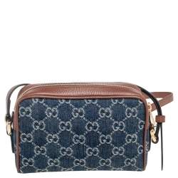 Pre Owned Gucci Blue/Tan GG Denim and Leather Mini Ophidia Crossbody Bag   
