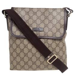 Pre Owned Gucci Brown/Beige GG Supreme Canvas and Leather Flap Messenger Bag