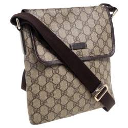 Pre Owned Gucci Brown/Beige GG Supreme Canvas and Leather Flap Messenger Bag