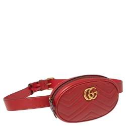 Pre Owned Gucci Red Matelassé Leather GG Marmont Belt Bag