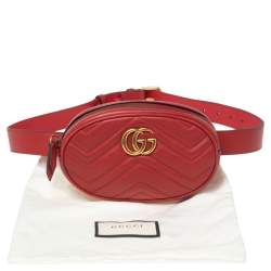 Pre Owned Gucci Red Matelassé Leather GG Marmont Belt Bag