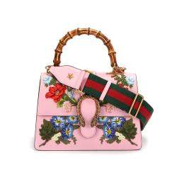 Pre Owned Gucci Pink Calf Leather Medium Bamboo Dionysus Embroidered Top Handle Bag