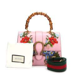 Pre Owned Gucci Pink Calf Leather Medium Bamboo Dionysus Embroidered Top Handle Bag