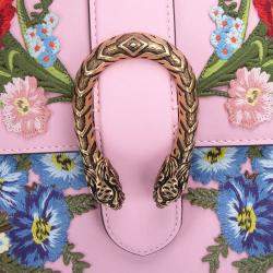 Pre Owned Gucci Pink Calf Leather Medium Bamboo Dionysus Embroidered Top Handle Bag