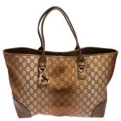 Pre Owned Gucci Bronze/Beige GG Shimmer Canvas and Leather Medium Heart Bit Charm Tote