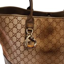 Pre Owned Gucci Bronze/Beige GG Shimmer Canvas and Leather Medium Heart Bit Charm Tote