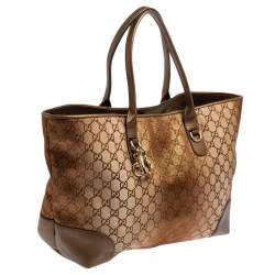 Pre Owned Gucci Bronze/Beige GG Shimmer Canvas and Leather Medium Heart Bit Charm Tote