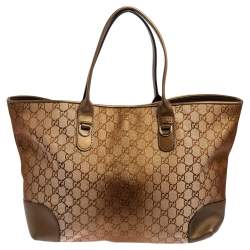 Pre Owned Gucci Bronze/Beige GG Shimmer Canvas and Leather Medium Heart Bit Charm Tote